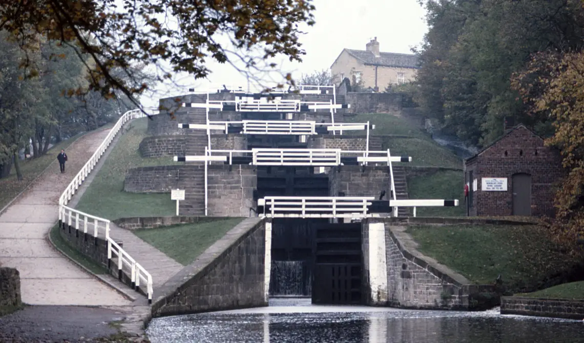 Bingley 5-rise locks on the Leeds & Liverpool, photographed in the 1980s